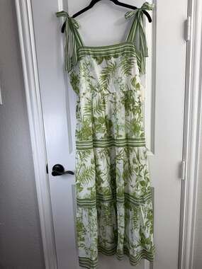 Sweet Wanderer Green Botanical Print Tie-Shoulder Tiered Midi Dress